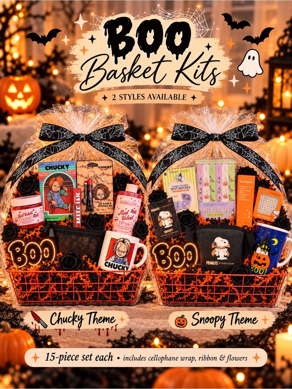 Halloween Boo Basket Gift Set 15 Piece Snoopy or Chucky Beauty Bundle